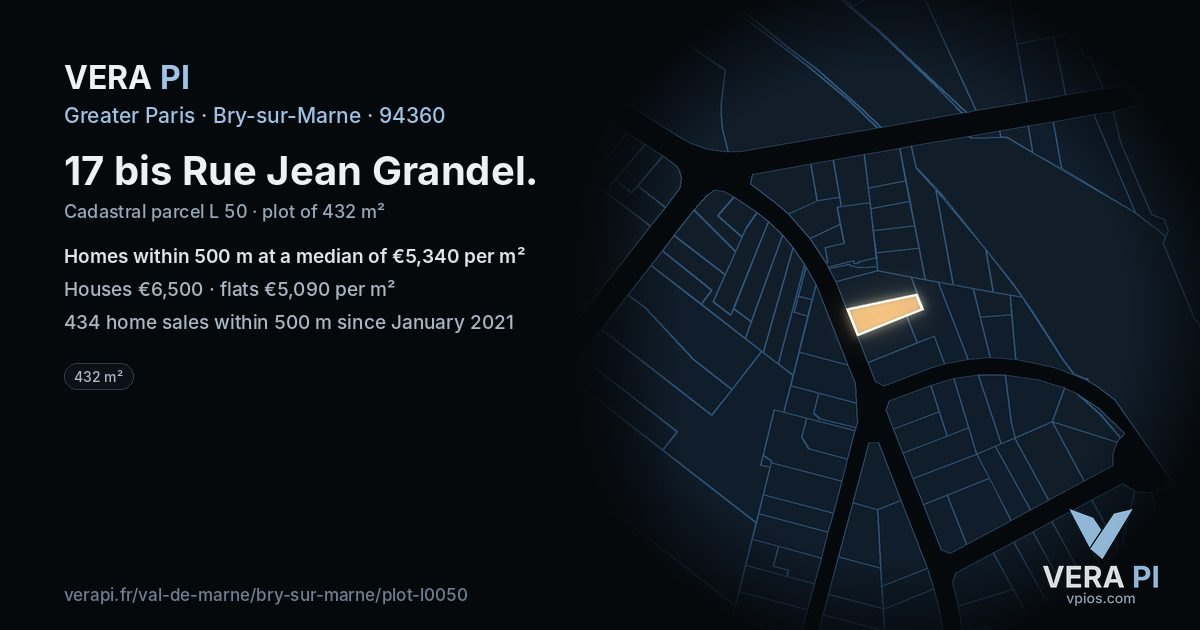17 bis Rue Jean Grandel, Bry-sur-Marne at night – the plot lit, the parcels around coloured by the prices near them