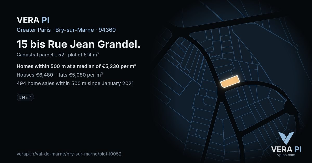 15 bis Rue Jean Grandel, Bry-sur-Marne at night – the plot lit, the parcels around coloured by the prices near them