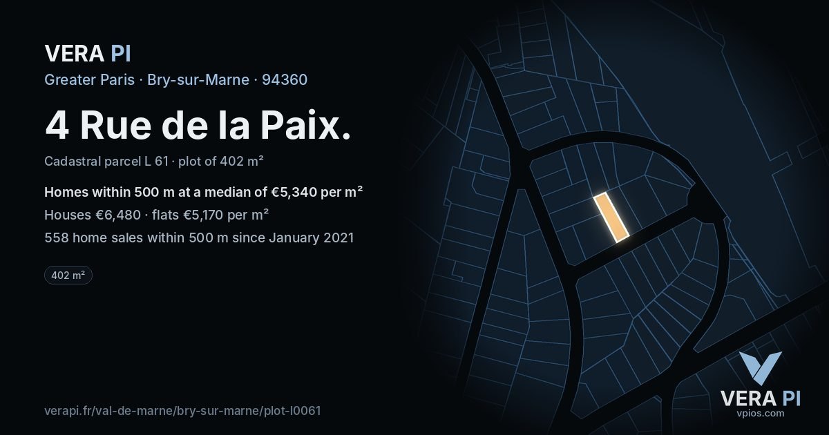 4 Rue de la Paix, Bry-sur-Marne at night – the plot lit, the parcels around coloured by the prices near them