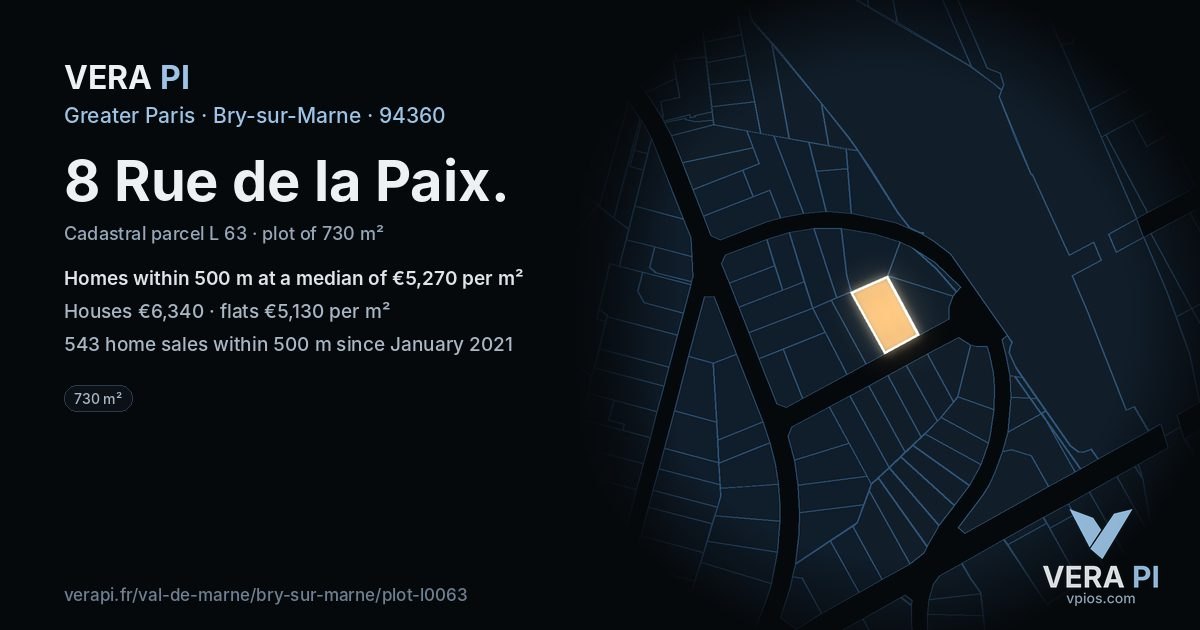 8 Rue de la Paix, Bry-sur-Marne at night – the plot lit, the parcels around coloured by the prices near them