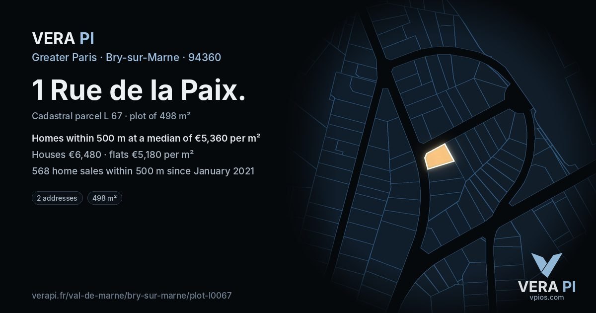 1 Rue de la Paix, Bry-sur-Marne at night – the plot lit, the parcels around coloured by the prices near them