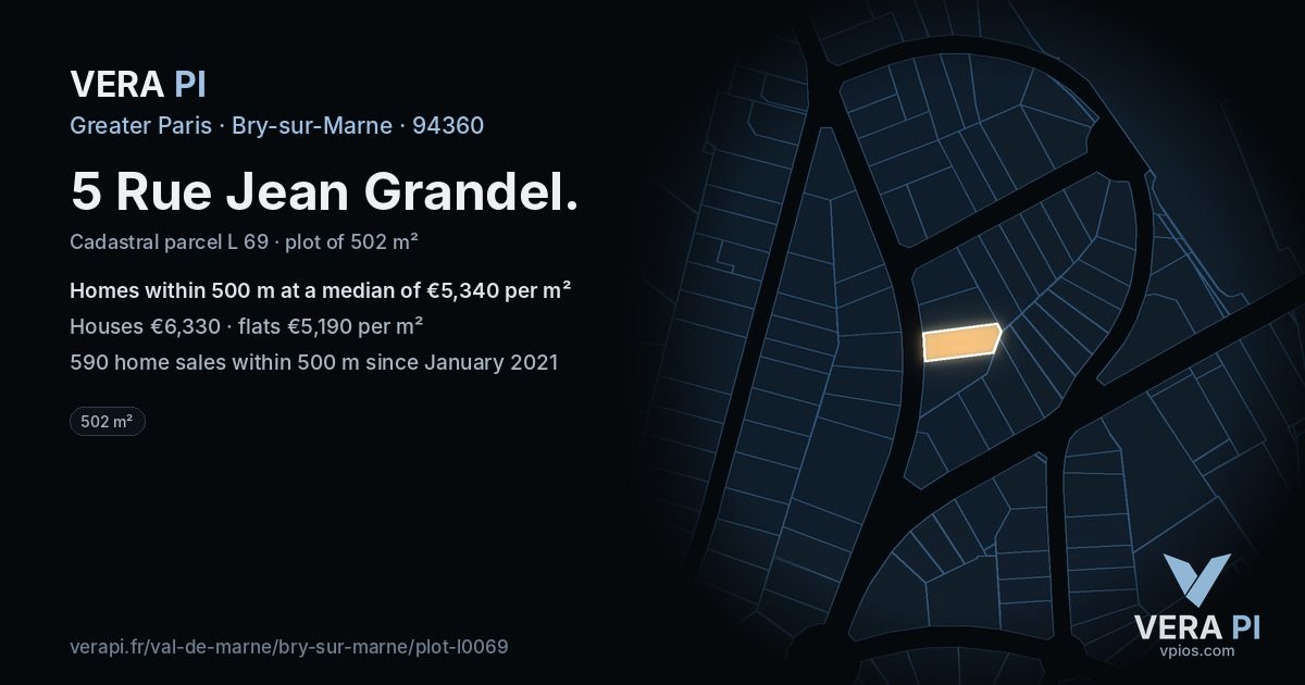 5 Rue Jean Grandel, Bry-sur-Marne at night – the plot lit, the parcels around coloured by the prices near them