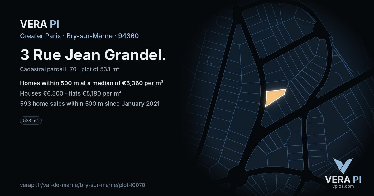 3 Rue Jean Grandel, Bry-sur-Marne at night – the plot lit, the parcels around coloured by the prices near them