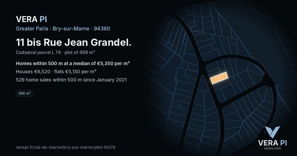 11 bis Rue Jean Grandel, Bry-sur-Marne at night – the plot lit, the parcels around coloured by the prices near them