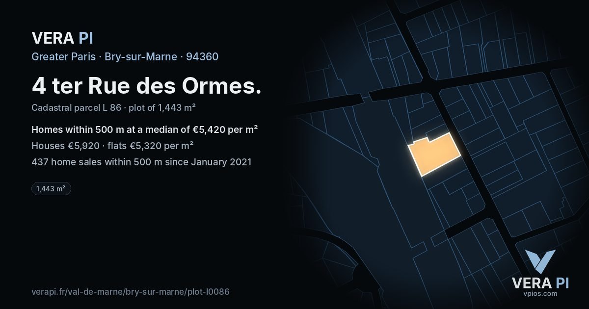 4 ter Rue des Ormes, Bry-sur-Marne at night – the plot lit, the parcels around coloured by the prices near them