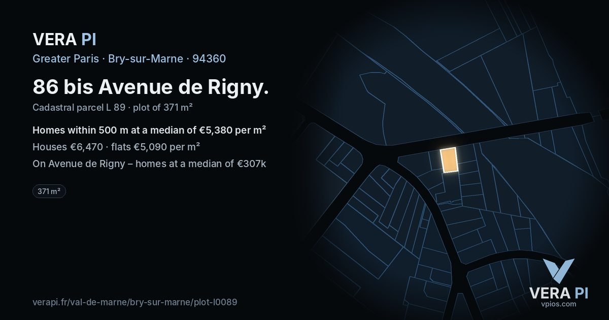 86 bis Avenue de Rigny, Bry-sur-Marne at night – the plot lit, the parcels around coloured by the prices near them