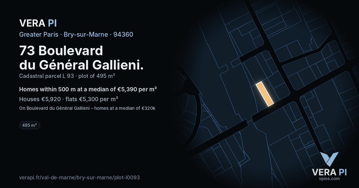 73 Boulevard du Général Gallieni, Bry-sur-Marne at night – the plot lit, the parcels around coloured by the prices near them
