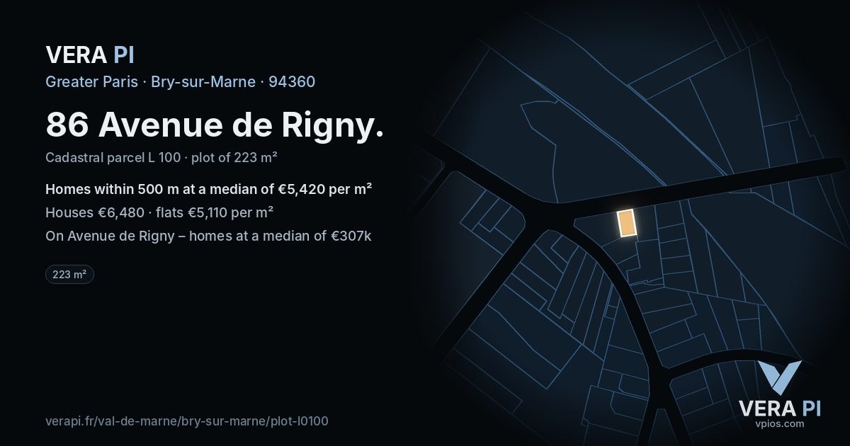 86 Avenue de Rigny, Bry-sur-Marne at night – the plot lit, the parcels around coloured by the prices near them