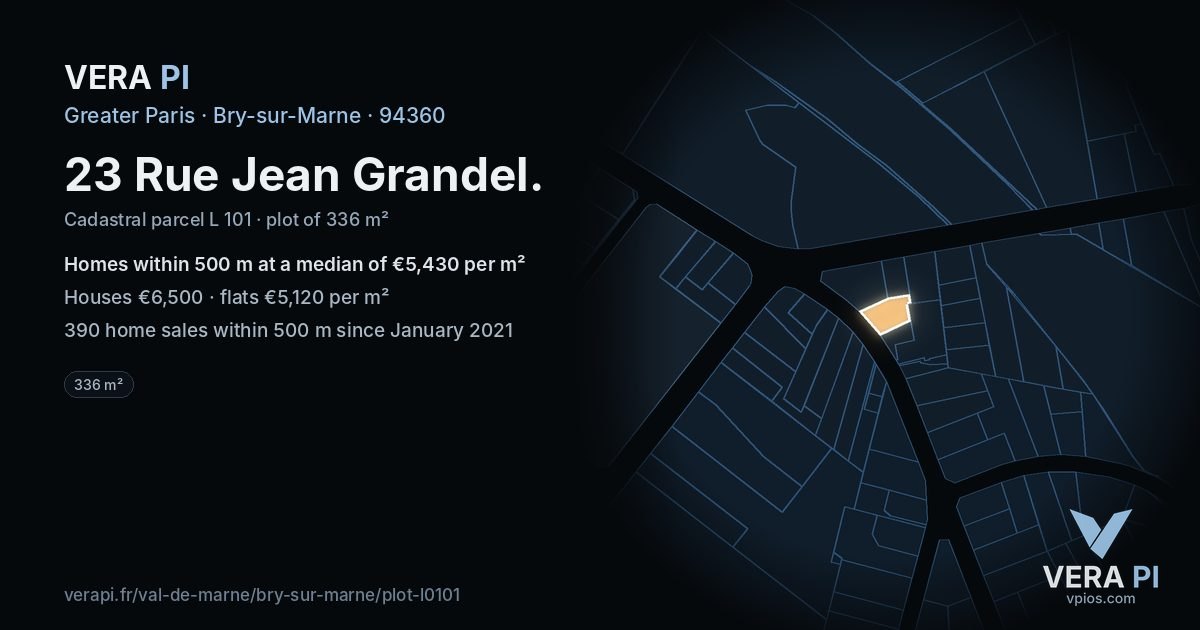 23 Rue Jean Grandel, Bry-sur-Marne at night – the plot lit, the parcels around coloured by the prices near them