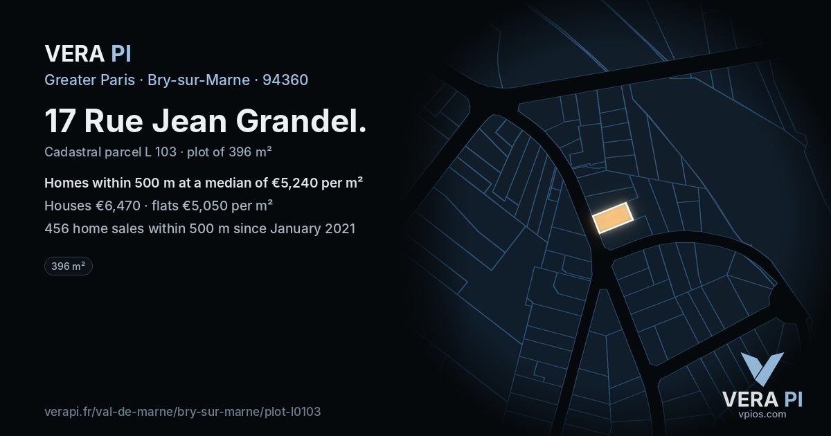 17 Rue Jean Grandel, Bry-sur-Marne at night – the plot lit, the parcels around coloured by the prices near them