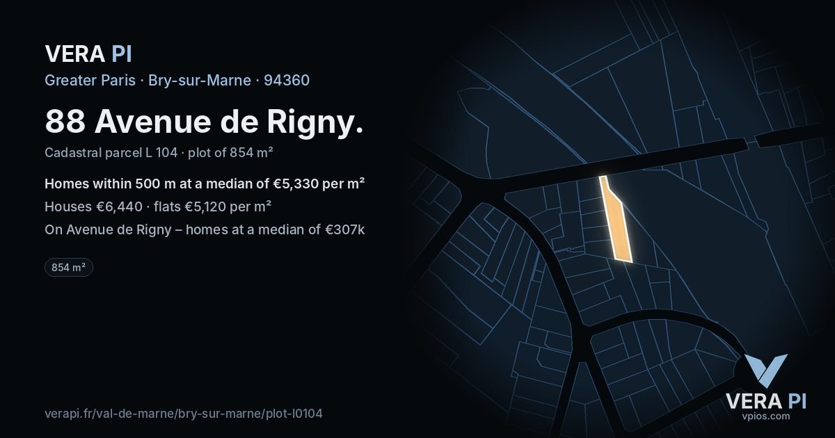 88 Avenue de Rigny, Bry-sur-Marne at night – the plot lit, the parcels around coloured by the prices near them