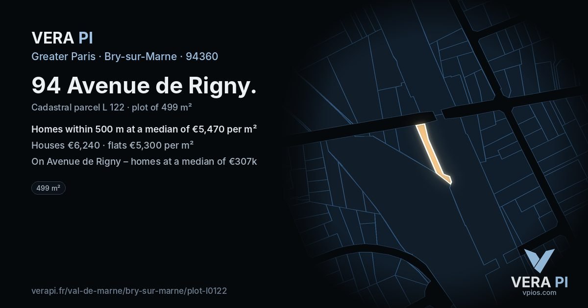 94 Avenue de Rigny, Bry-sur-Marne at night – the plot lit, the parcels around coloured by the prices near them
