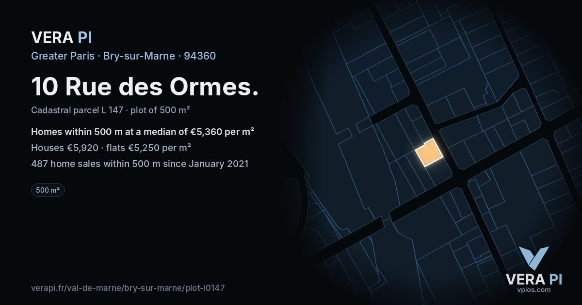 10 Rue des Ormes, Bry-sur-Marne at night – the plot lit, the parcels around coloured by the prices near them