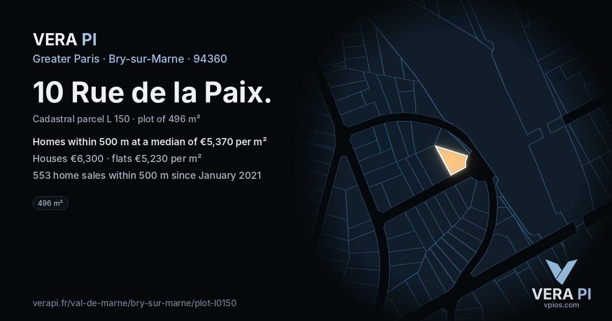 10 Rue de la Paix, Bry-sur-Marne at night – the plot lit, the parcels around coloured by the prices near them