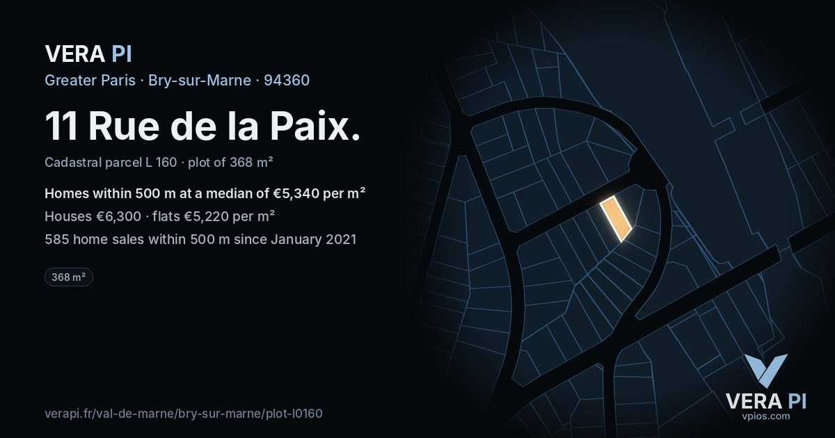 11 Rue de la Paix, Bry-sur-Marne at night – the plot lit, the parcels around coloured by the prices near them