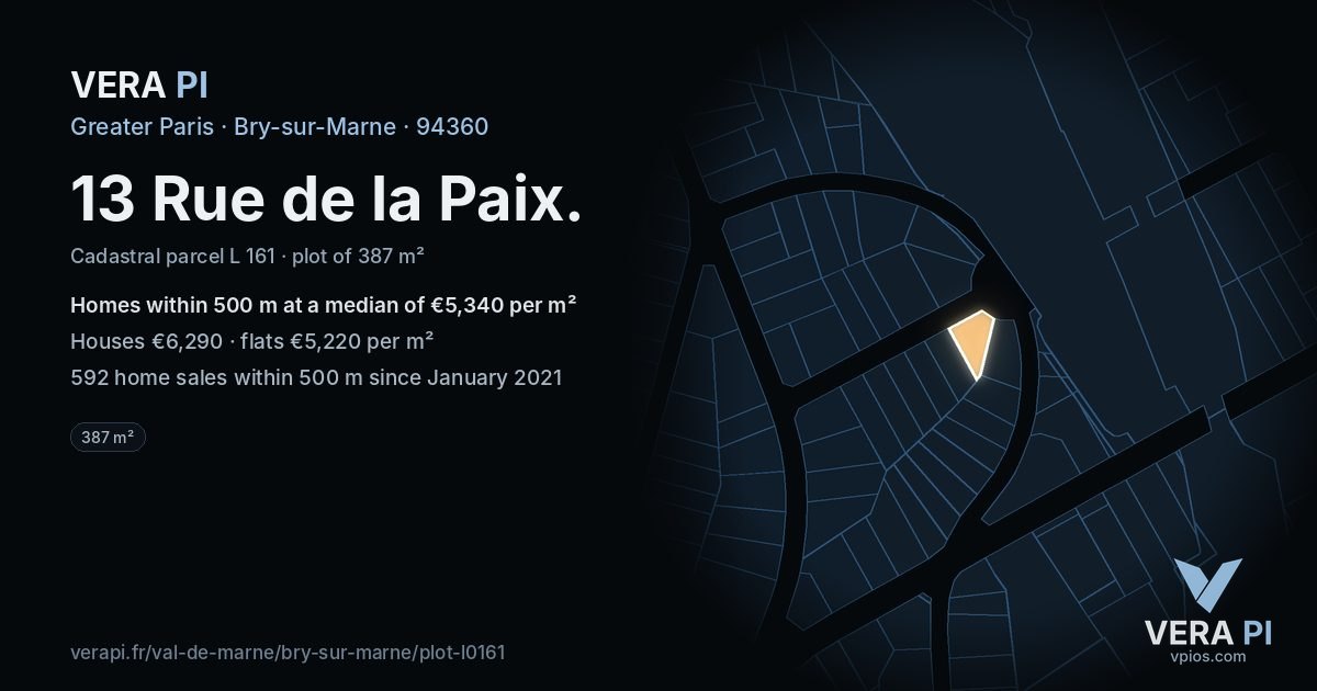 13 Rue de la Paix, Bry-sur-Marne at night – the plot lit, the parcels around coloured by the prices near them