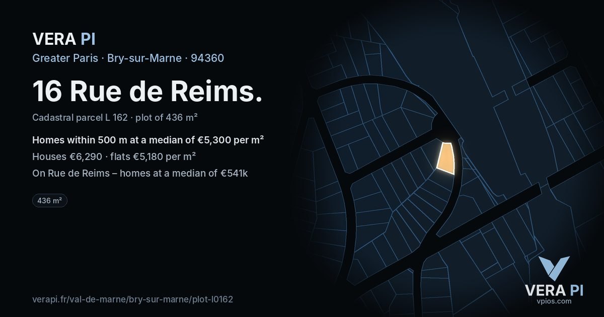 16 Rue de Reims, Bry-sur-Marne at night – the plot lit, the parcels around coloured by the prices near them
