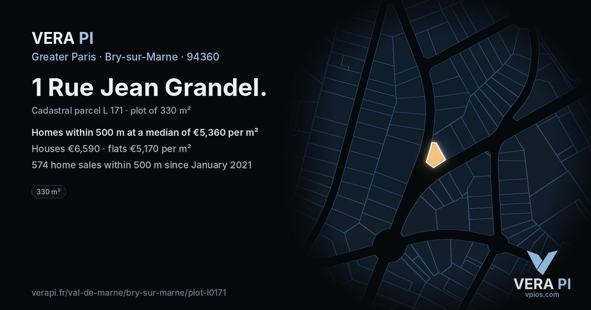 1 Rue Jean Grandel, Bry-sur-Marne at night – the plot lit, the parcels around coloured by the prices near them