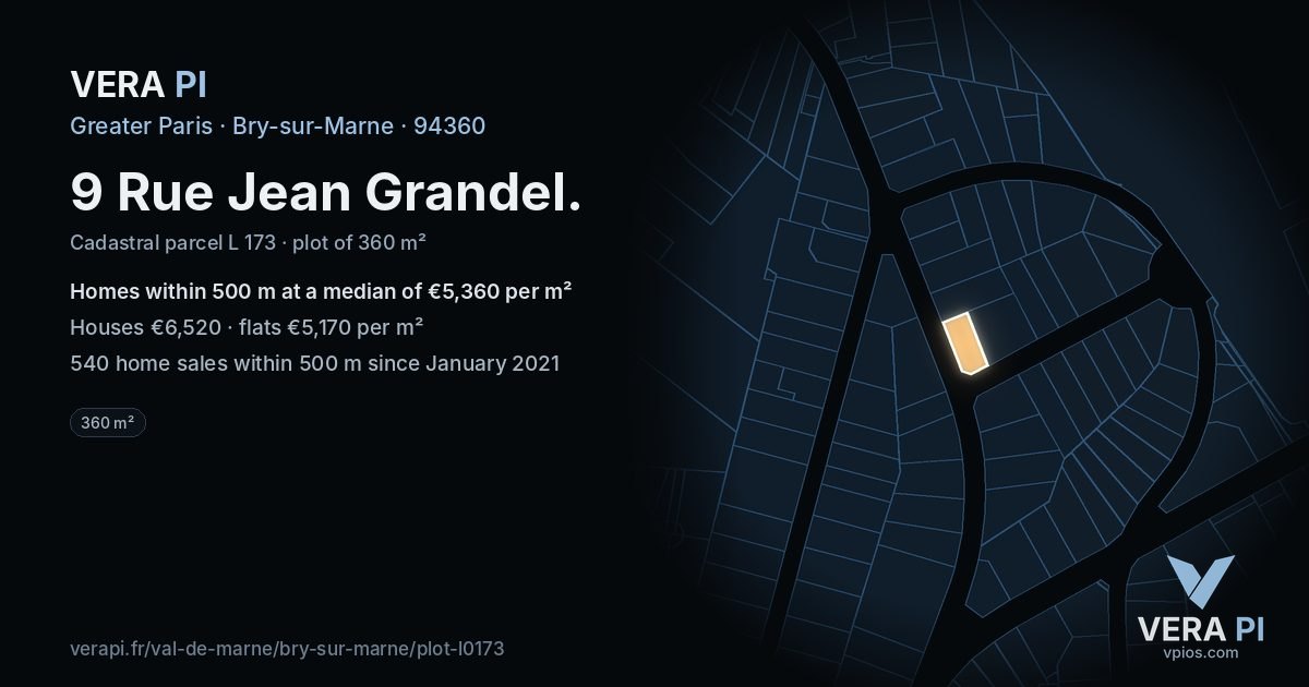 9 Rue Jean Grandel, Bry-sur-Marne at night – the plot lit, the parcels around coloured by the prices near them