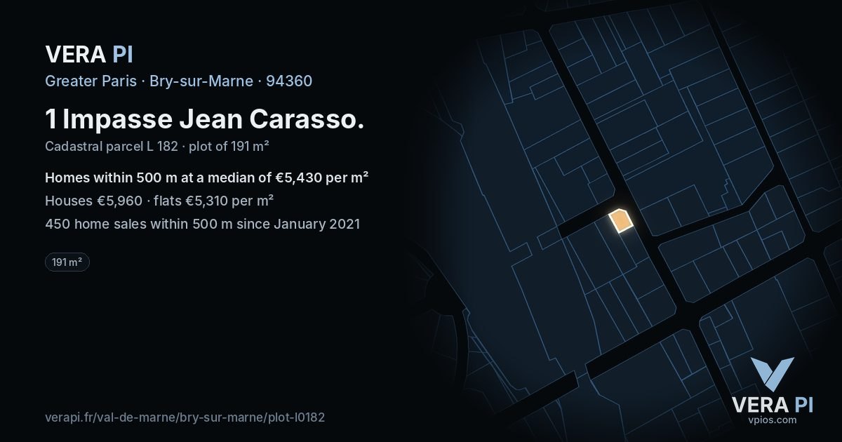 1 Impasse Jean Carasso, Bry-sur-Marne at night – the plot lit, the parcels around coloured by the prices near them