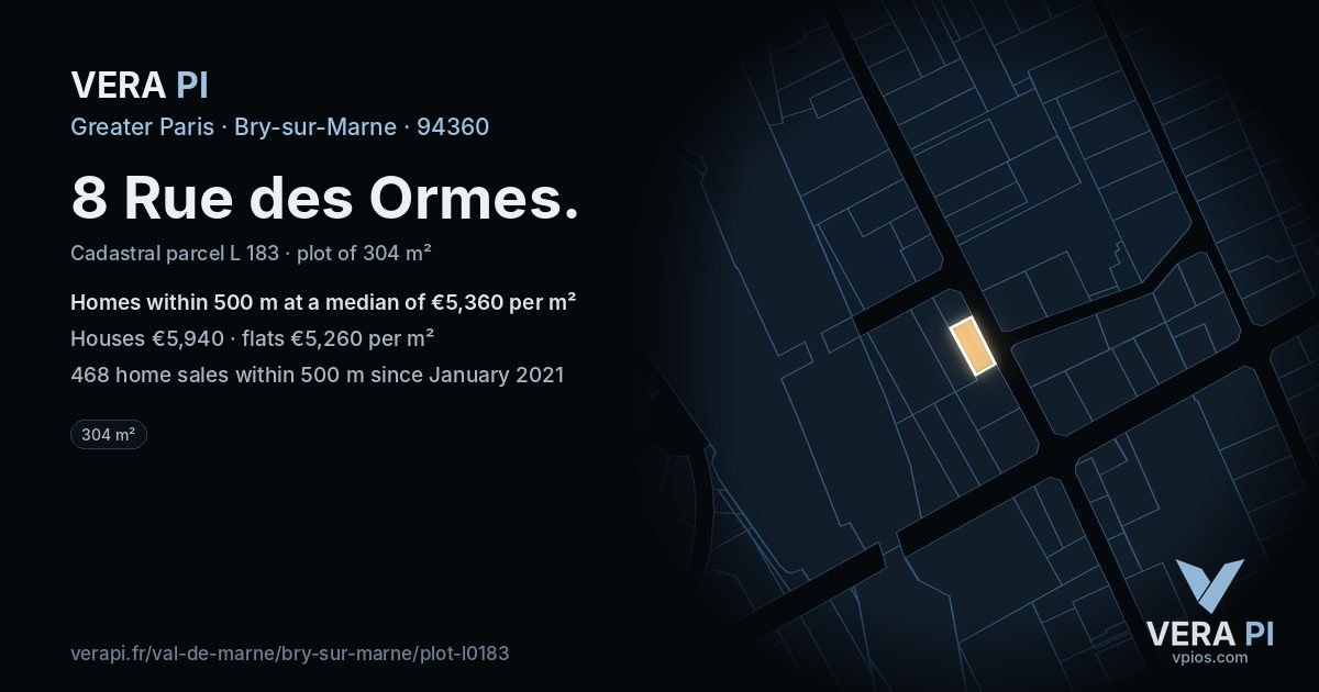 8 Rue des Ormes, Bry-sur-Marne at night – the plot lit, the parcels around coloured by the prices near them