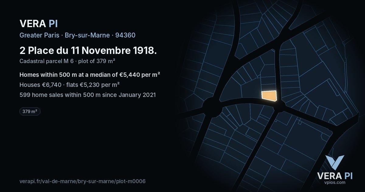 2 Place du 11 Novembre 1918, Bry-sur-Marne at night – the plot lit, the parcels around coloured by the prices near them