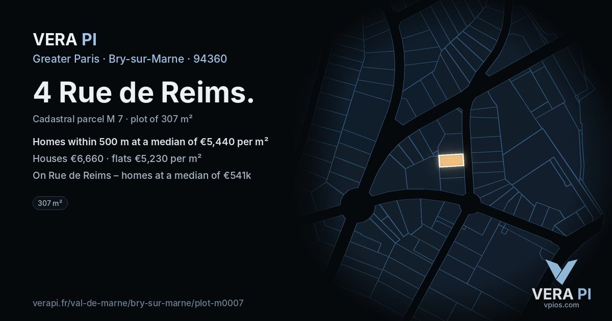 4 Rue de Reims, Bry-sur-Marne at night – the plot lit, the parcels around coloured by the prices near them