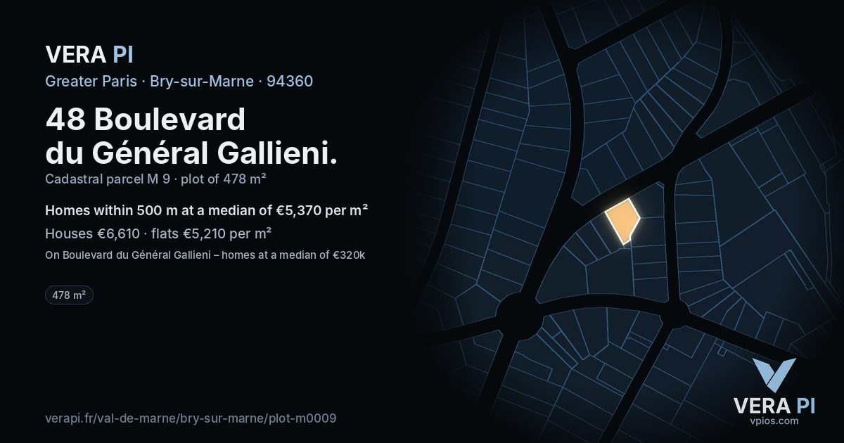 48 Boulevard du Général Gallieni, Bry-sur-Marne at night – the plot lit, the parcels around coloured by the prices near them