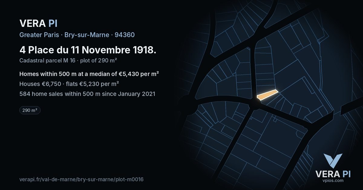 4 Place du 11 Novembre 1918, Bry-sur-Marne at night – the plot lit, the parcels around coloured by the prices near them