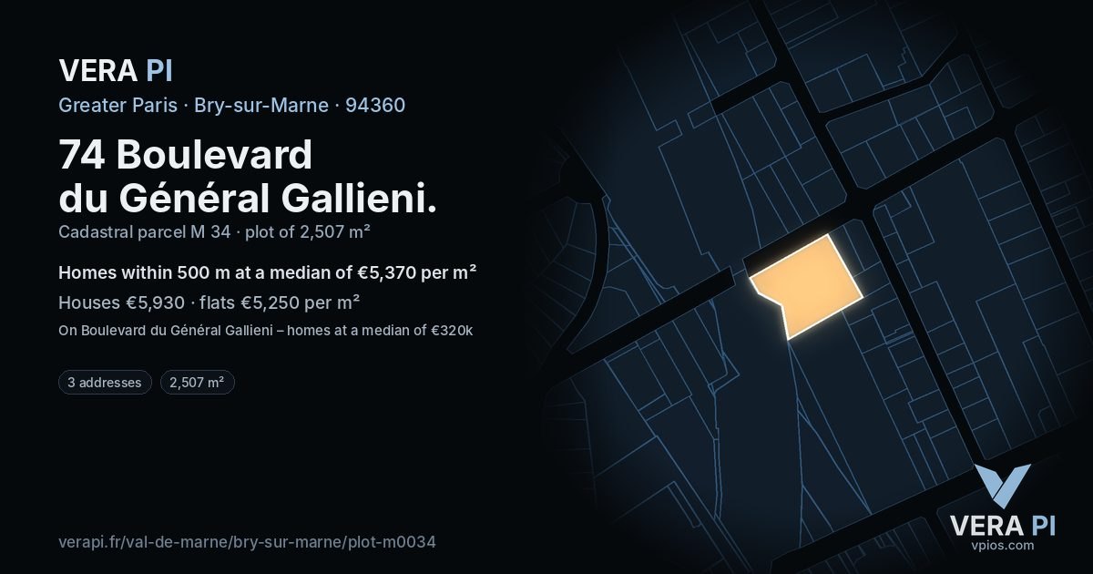 74 Boulevard du Général Gallieni, Bry-sur-Marne at night – the plot lit, the parcels around coloured by the prices near them