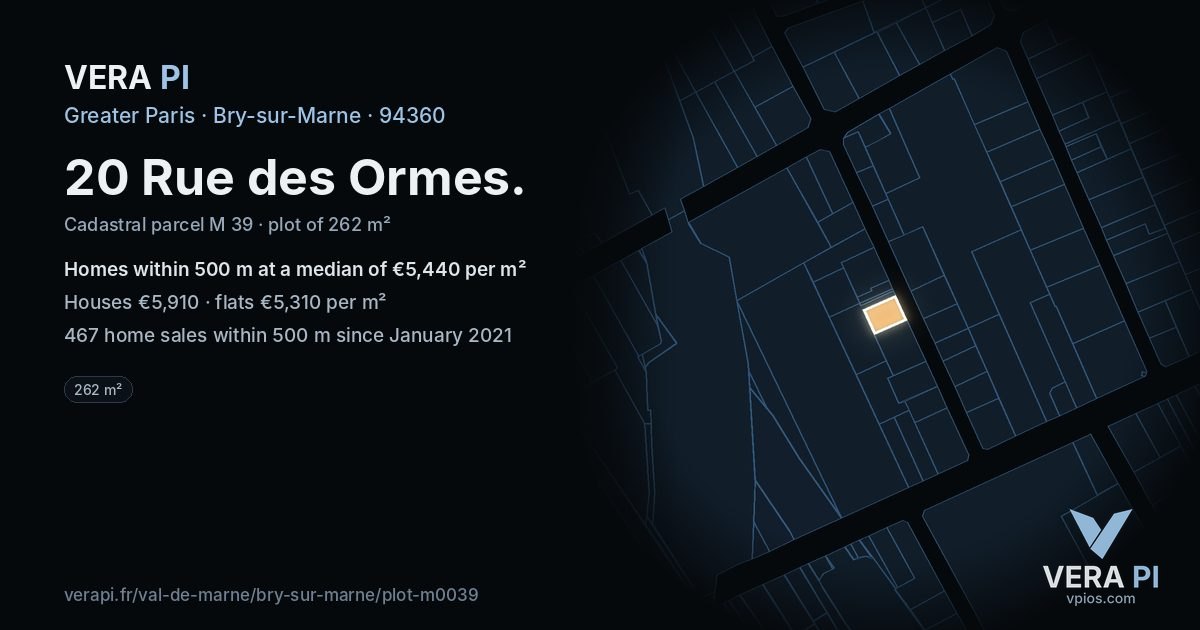 20 Rue des Ormes, Bry-sur-Marne at night – the plot lit, the parcels around coloured by the prices near them