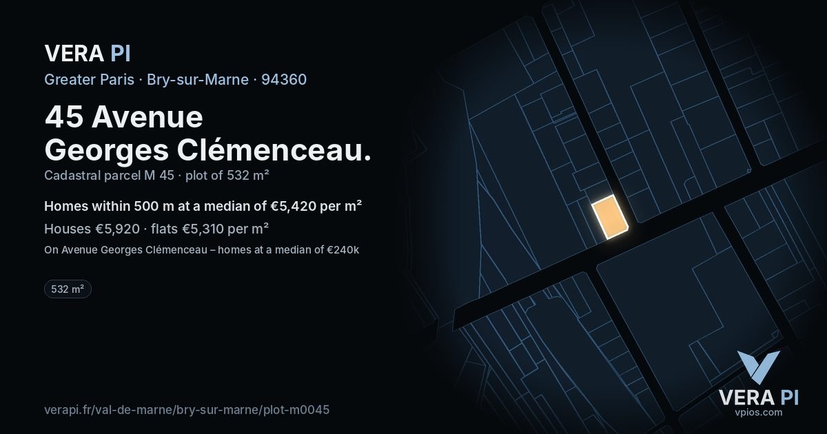 45 Avenue Georges Clémenceau, Bry-sur-Marne at night – the plot lit, the parcels around coloured by the prices near them