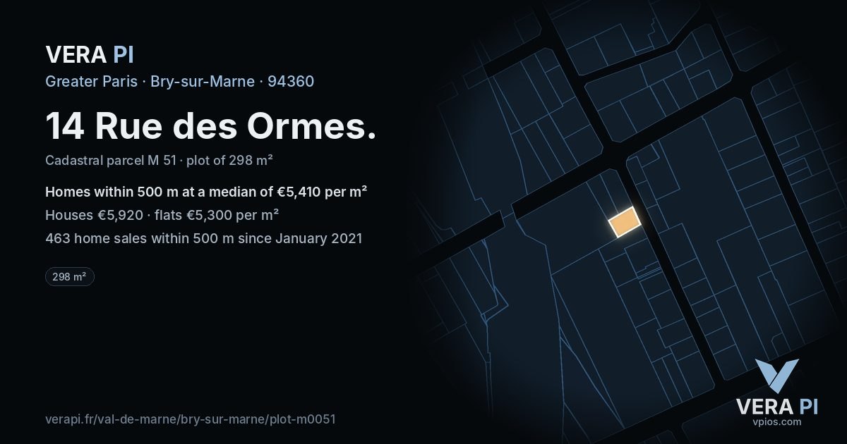 14 Rue des Ormes, Bry-sur-Marne at night – the plot lit, the parcels around coloured by the prices near them
