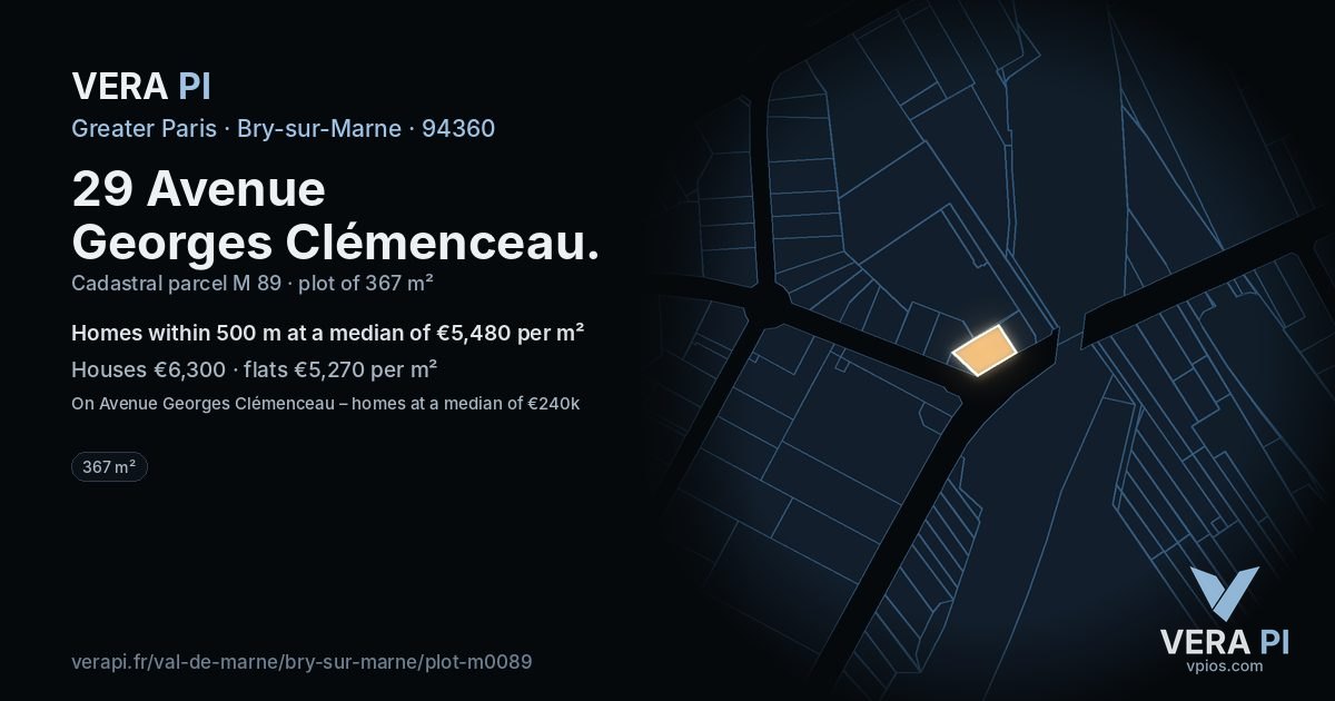 29 Avenue Georges Clémenceau, Bry-sur-Marne at night – the plot lit, the parcels around coloured by the prices near them