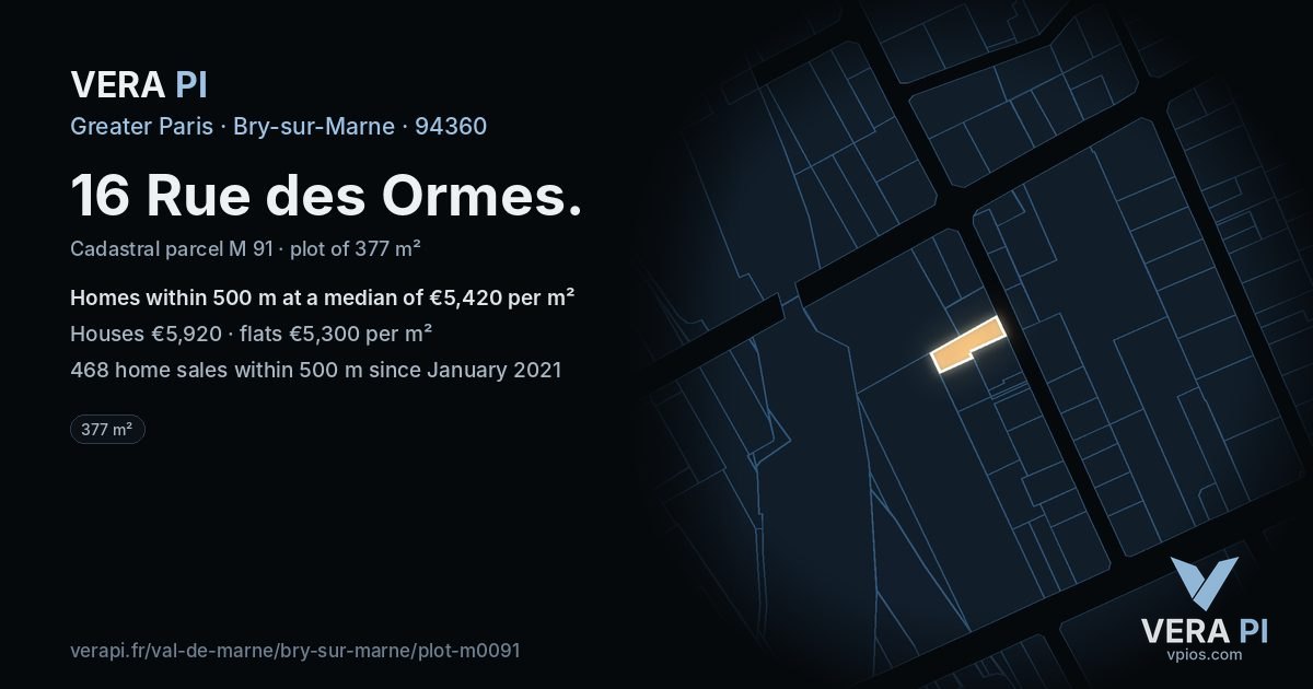 16 Rue des Ormes, Bry-sur-Marne at night – the plot lit, the parcels around coloured by the prices near them