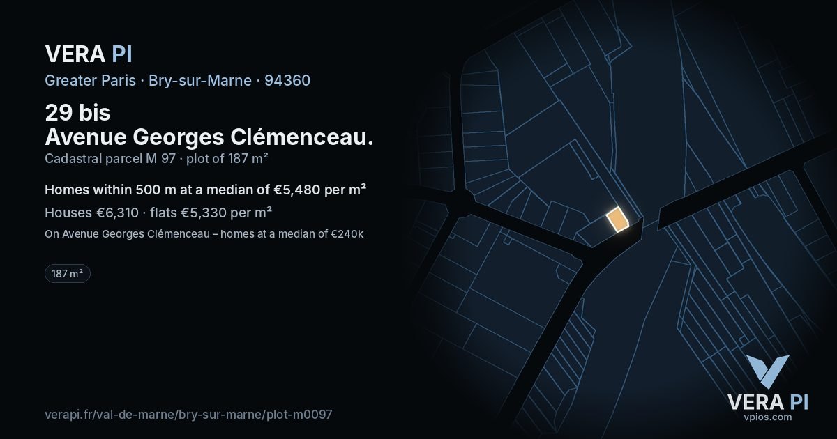 29 bis Avenue Georges Clémenceau, Bry-sur-Marne at night – the plot lit, the parcels around coloured by the prices near them