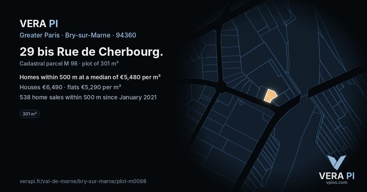 29 bis Rue de Cherbourg, Bry-sur-Marne at night – the plot lit, the parcels around coloured by the prices near them
