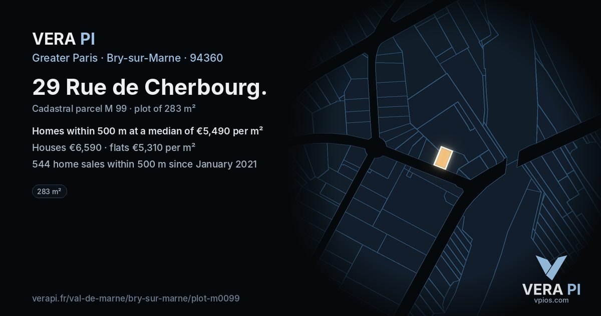29 Rue de Cherbourg, Bry-sur-Marne at night – the plot lit, the parcels around coloured by the prices near them