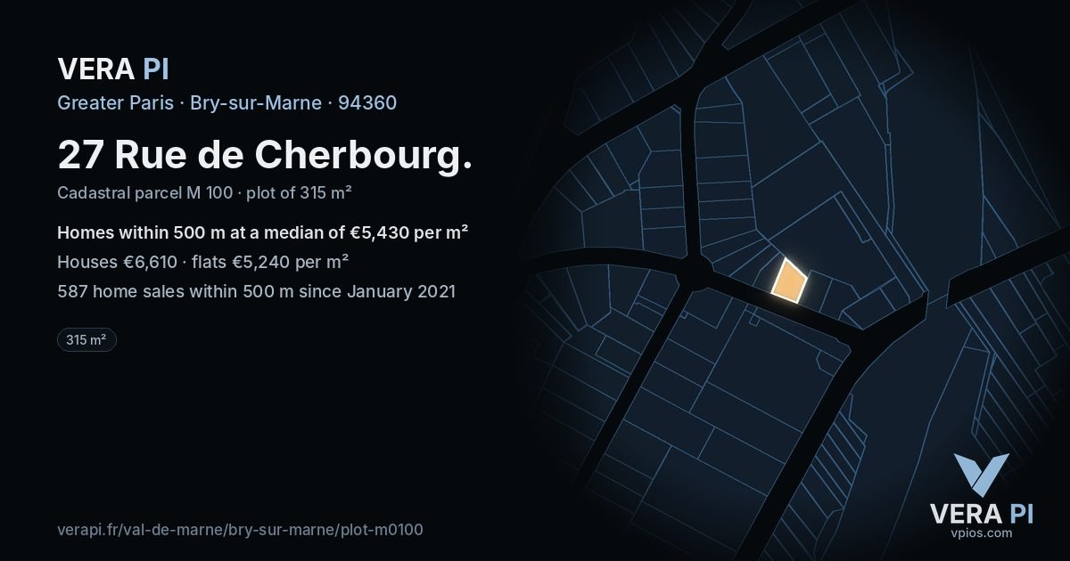27 Rue de Cherbourg, Bry-sur-Marne at night – the plot lit, the parcels around coloured by the prices near them