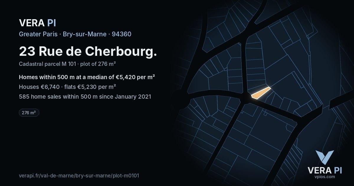 23 Rue de Cherbourg, Bry-sur-Marne at night – the plot lit, the parcels around coloured by the prices near them
