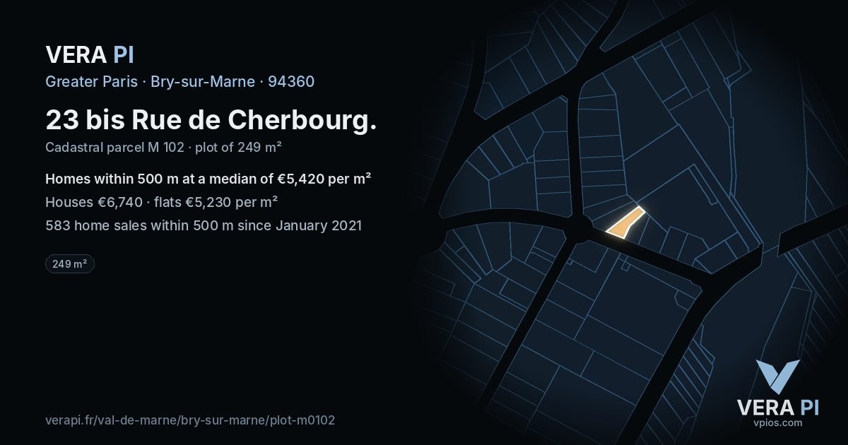 23 bis Rue de Cherbourg, Bry-sur-Marne at night – the plot lit, the parcels around coloured by the prices near them