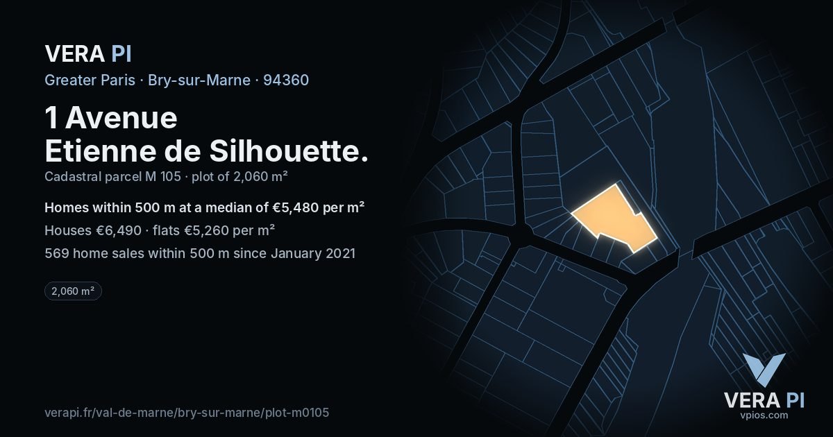 1 Avenue Etienne de Silhouette, Bry-sur-Marne at night – the plot lit, the parcels around coloured by the prices near them