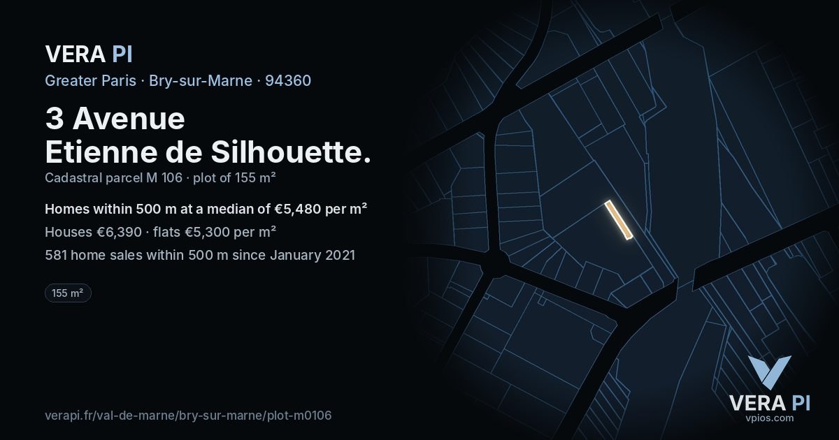 3 Avenue Etienne de Silhouette, Bry-sur-Marne at night – the plot lit, the parcels around coloured by the prices near them