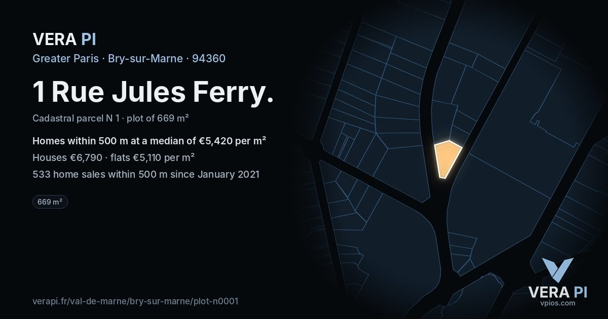 1 Rue Jules Ferry, Bry-sur-Marne at night – the plot lit, the parcels around coloured by the prices near them