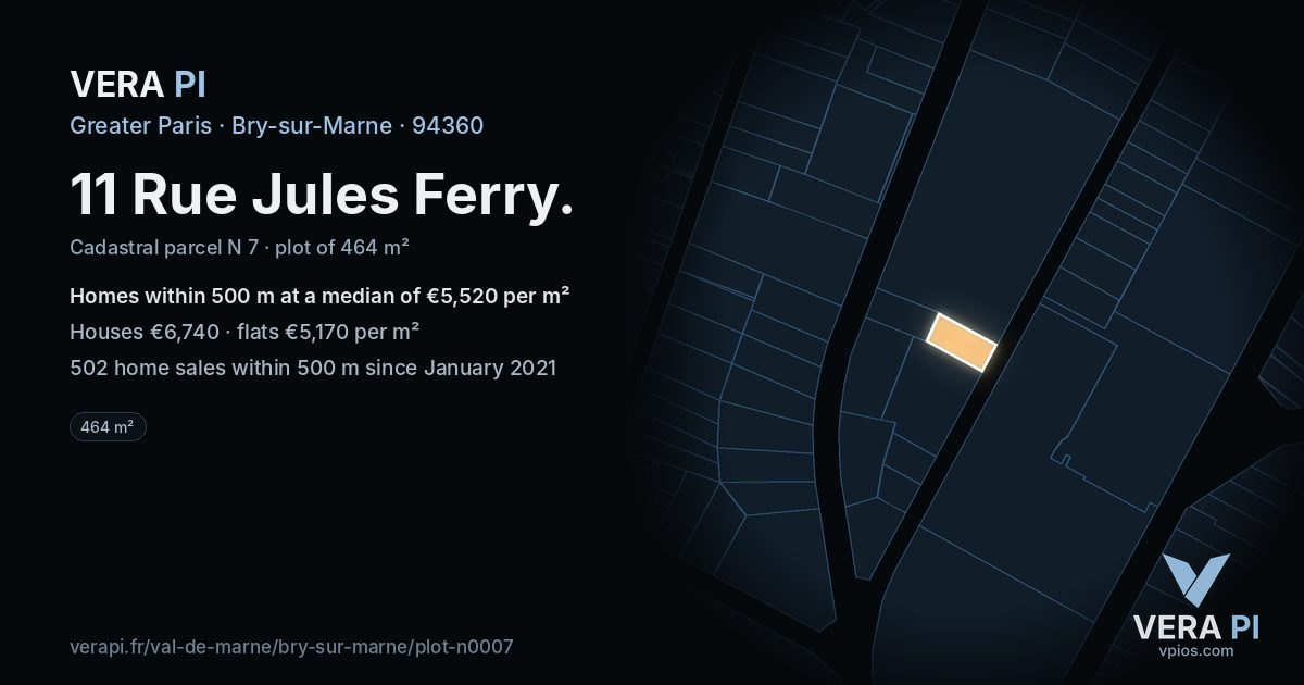 11 Rue Jules Ferry, Bry-sur-Marne at night – the plot lit, the parcels around coloured by the prices near them