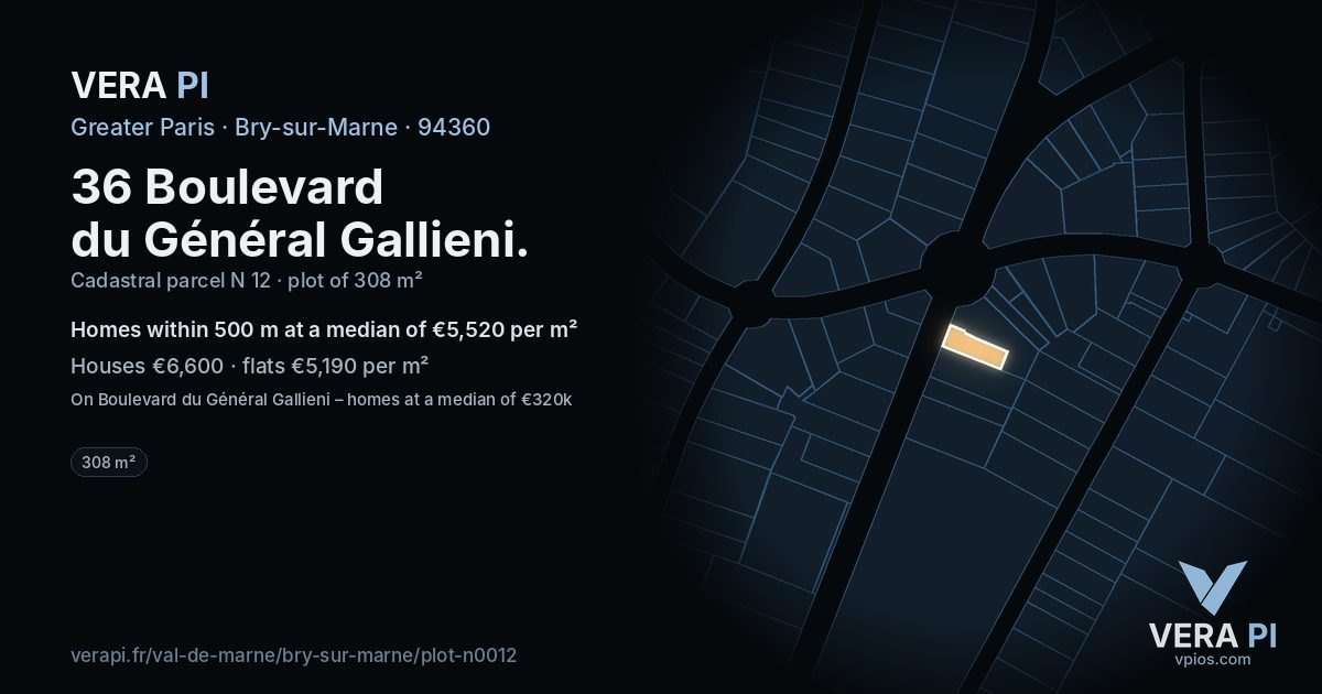 36 Boulevard du Général Gallieni, Bry-sur-Marne at night – the plot lit, the parcels around coloured by the prices near them