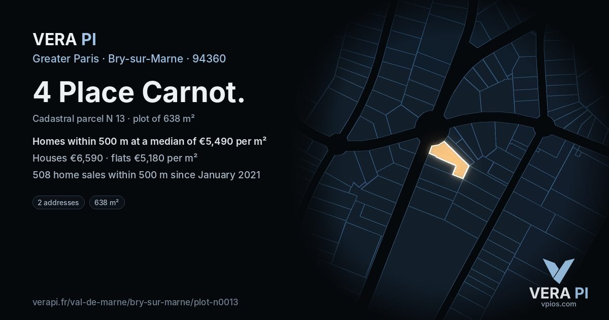4 Place Carnot, Bry-sur-Marne at night – the plot lit, the parcels around coloured by the prices near them
