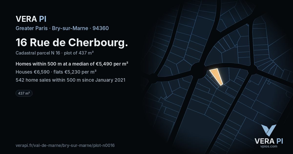 16 Rue de Cherbourg, Bry-sur-Marne at night – the plot lit, the parcels around coloured by the prices near them