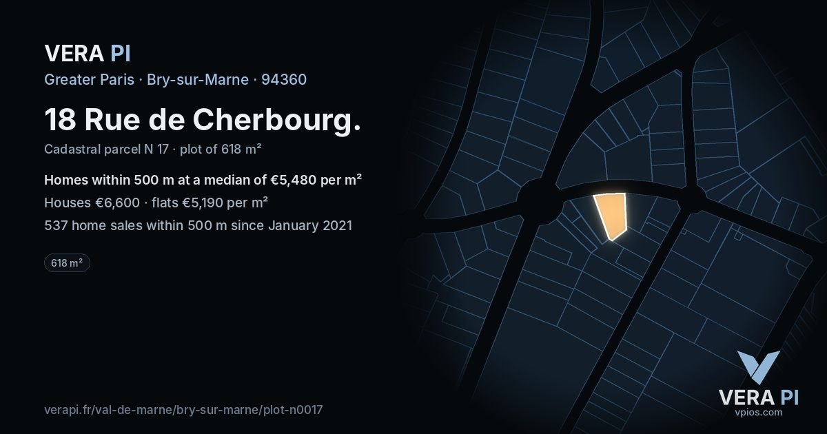 18 Rue de Cherbourg, Bry-sur-Marne at night – the plot lit, the parcels around coloured by the prices near them