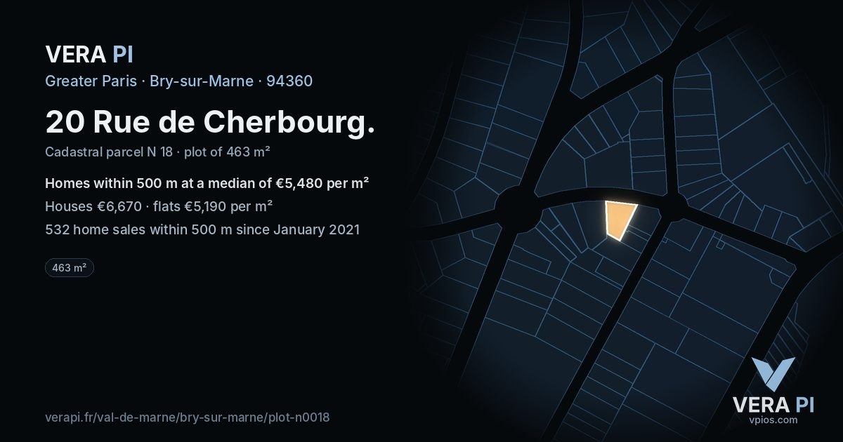 20 Rue de Cherbourg, Bry-sur-Marne at night – the plot lit, the parcels around coloured by the prices near them